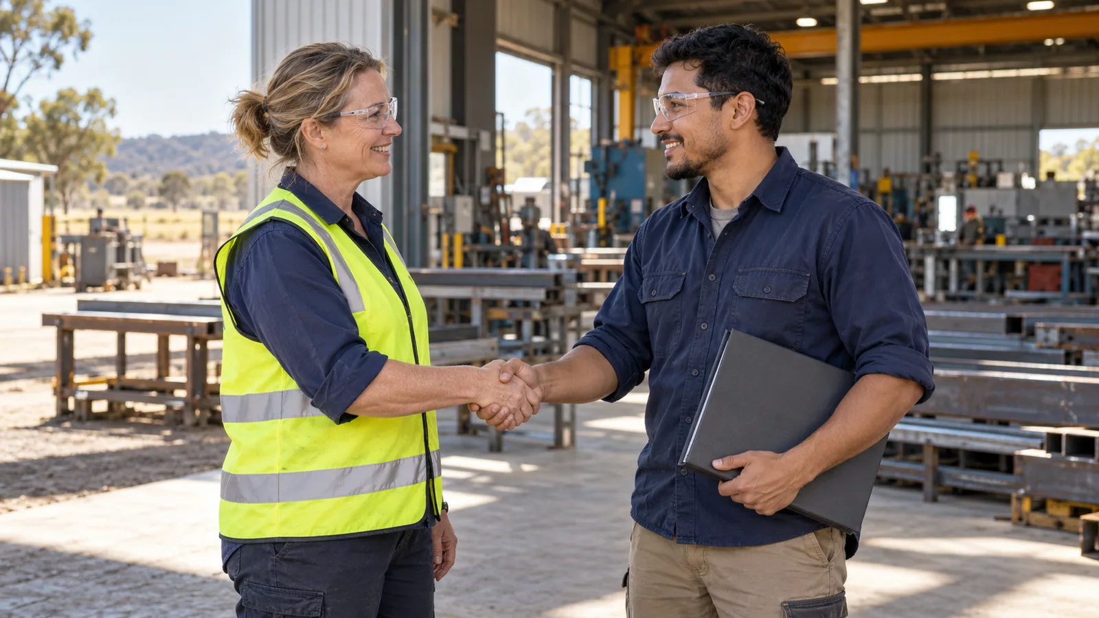 A manager in a hi-vis vest shakes hands with a tradesperson holding a folder at an Australian metal workshop.