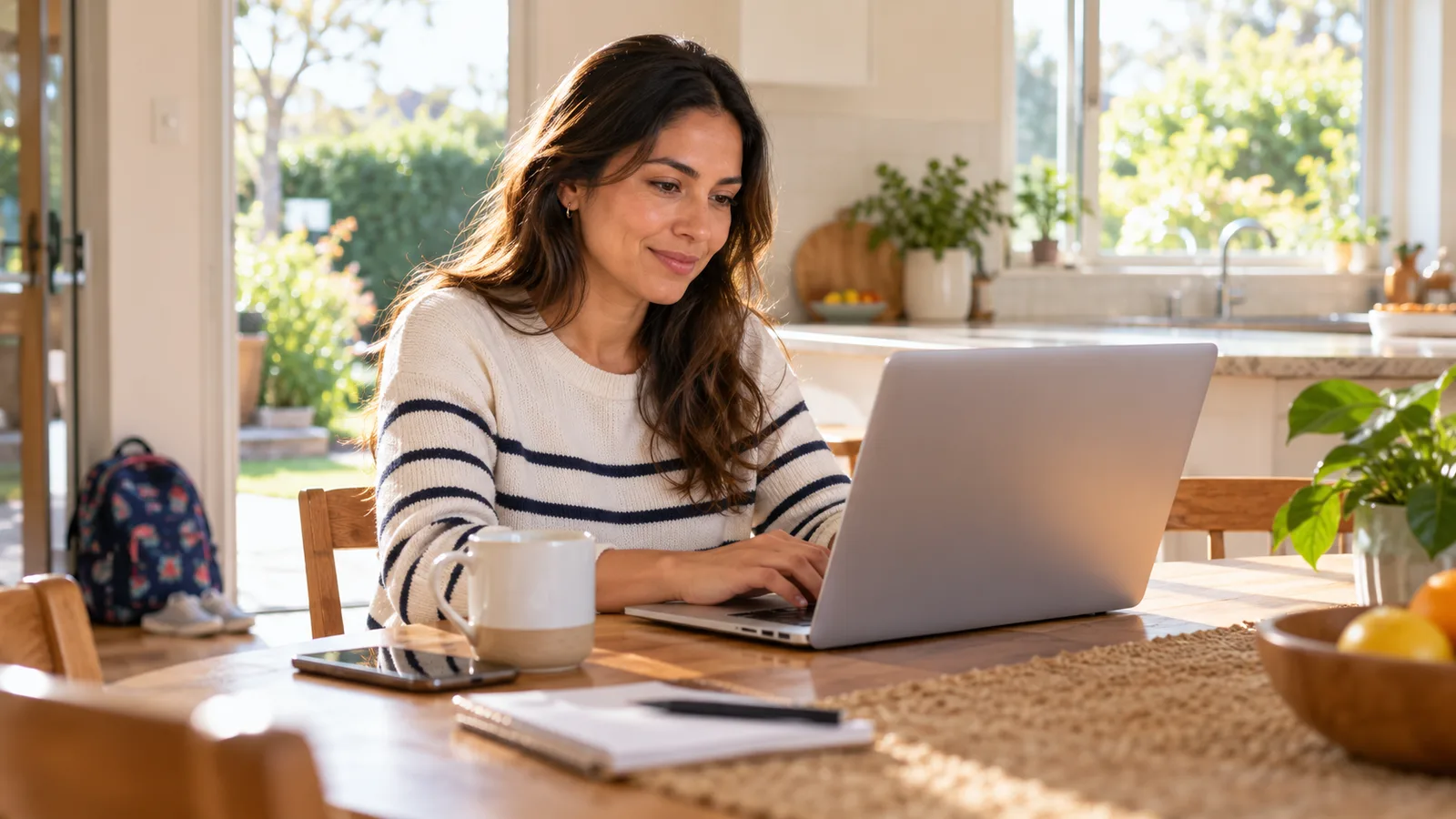 A woman types on a laptop at a sunlit kitchen table, with a school bag beside the door.
