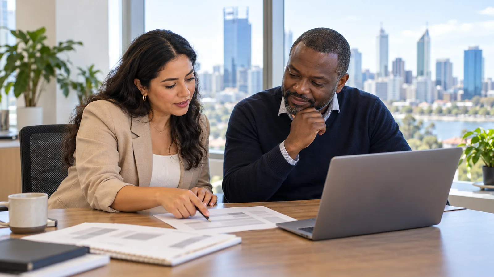A recruiter and hiring manager review a salary sheet beside a laptop in a bright Perth office.