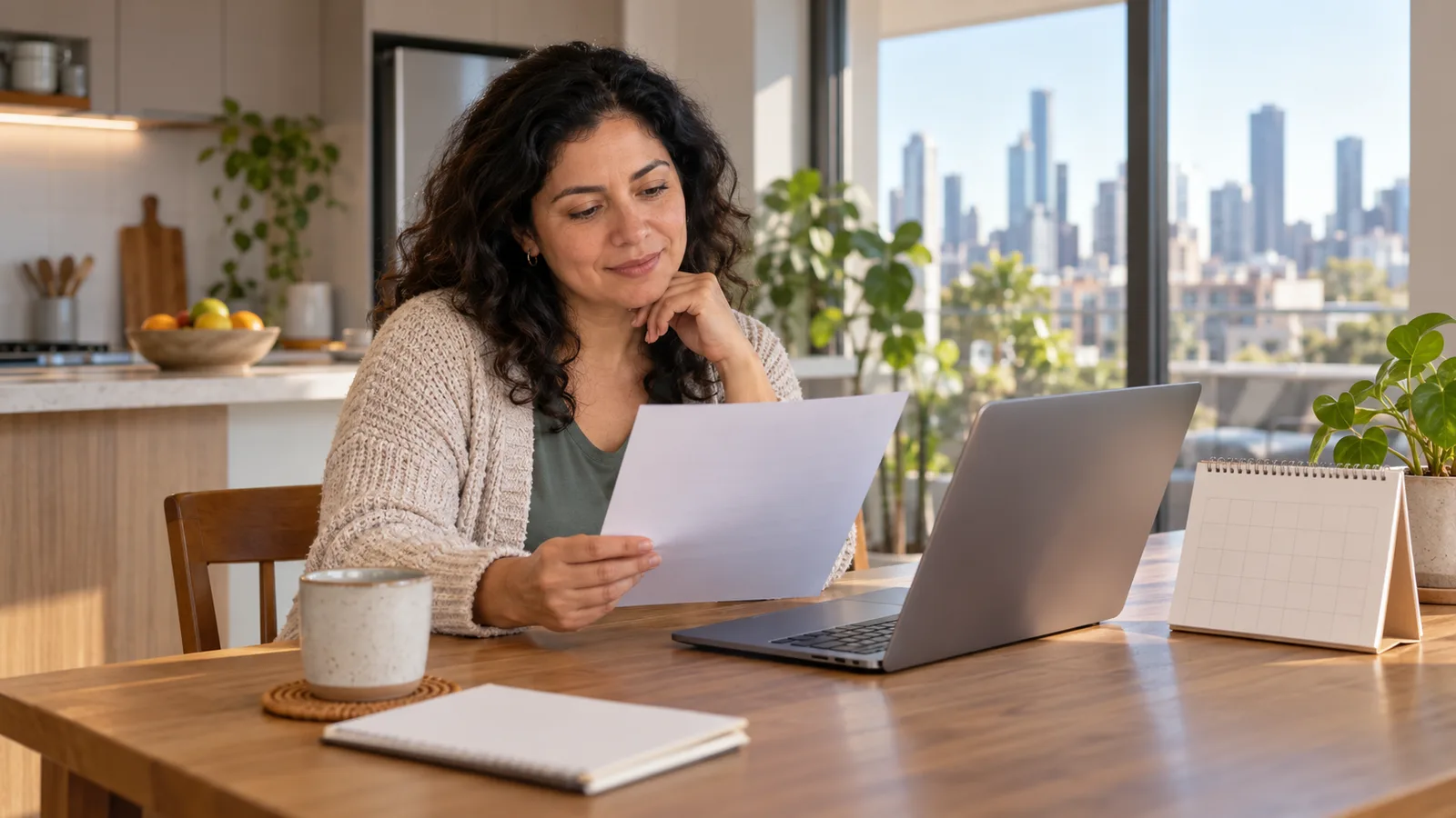 Woman reading a letter at a sunlit Melbourne kitchen table beside a laptop and desk calendar.