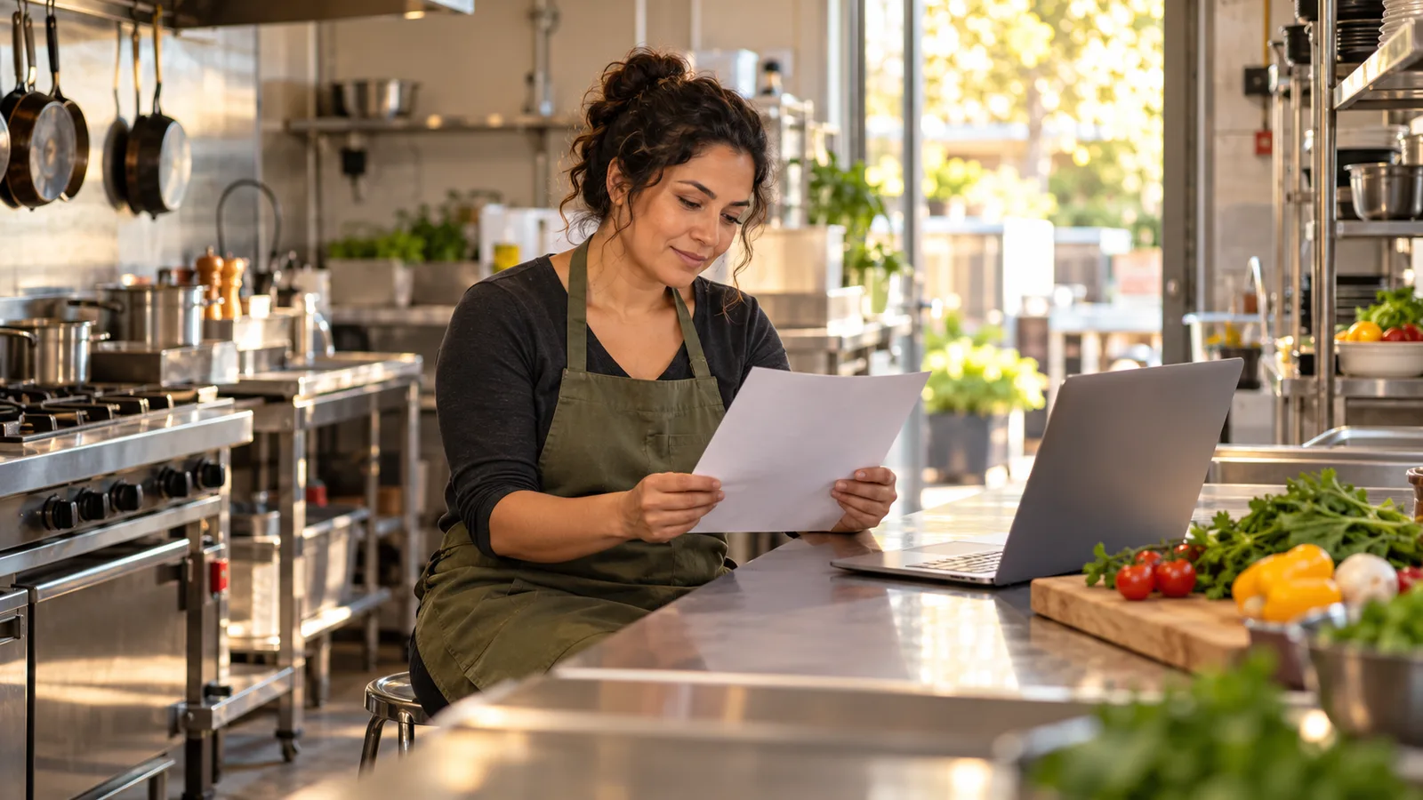 A chef reads a job offer letter beside a laptop at a stainless steel prep bench in a sunlit commercial kitchen.