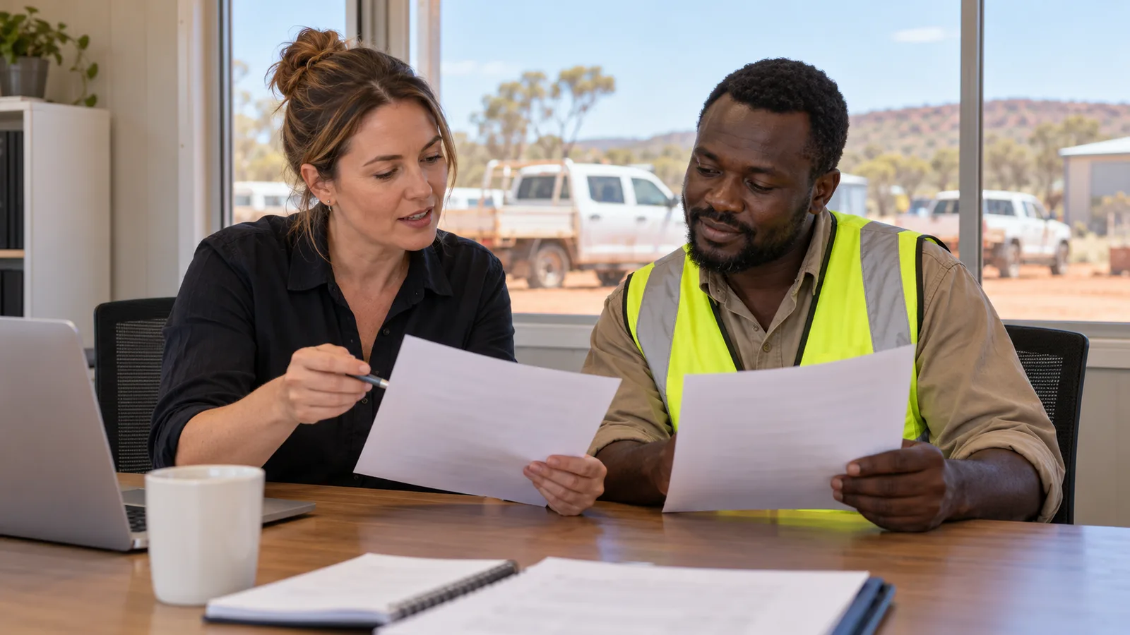 A recruiter and tradesperson in hi-vis compare papers at a regional Australian site office, with utes and red dirt outside.