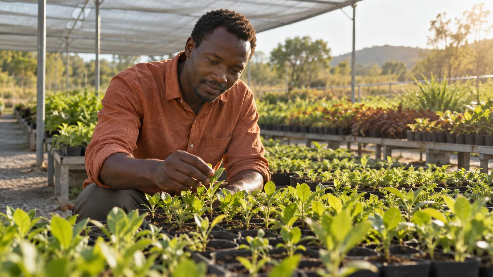 A Kenyan horticulture professional checks seedlings in a regional Australian nursery.