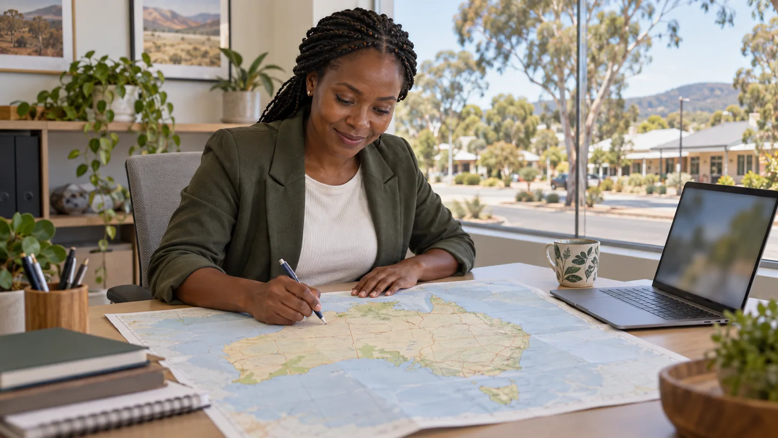 A recruiter traces a route on a paper map of Australia beside a laptop in a bright regional town office.