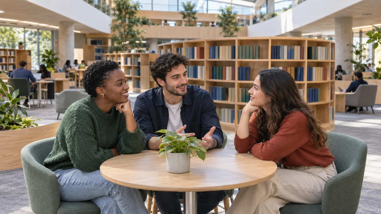 International students discuss their study plans together in a modern Australian campus library.