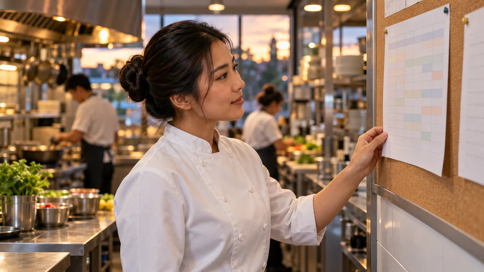 A chef in a white jacket checks a weekly roster on a commercial kitchen noticeboard as colleagues work behind her.