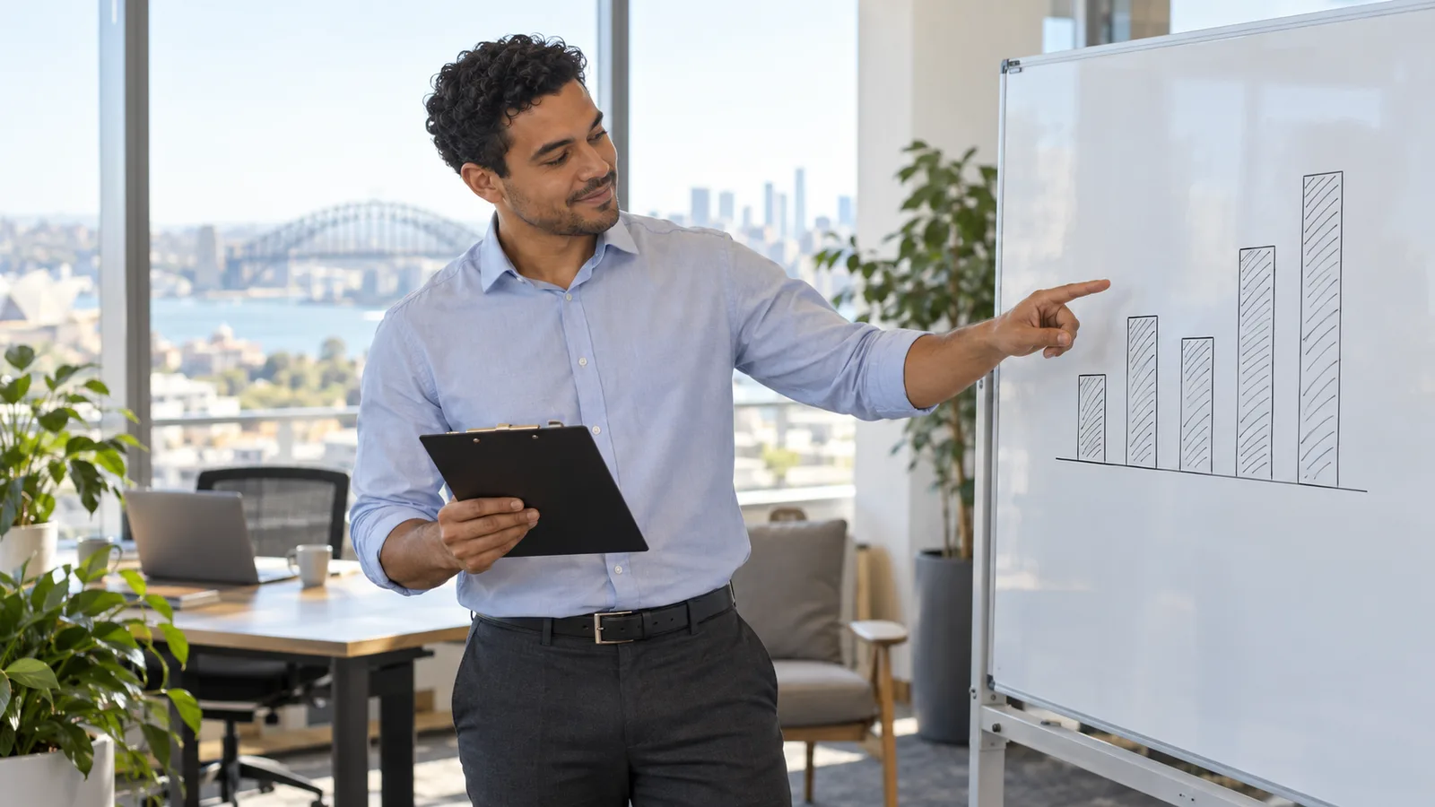 A recruiter holds a clipboard and points to a whiteboard bar chart in a bright Sydney office.
