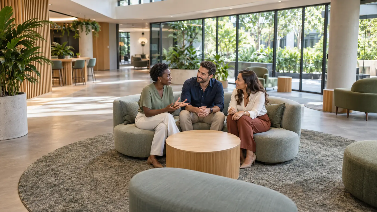 Colleagues discuss changing work and human skills in a modern Australian office.