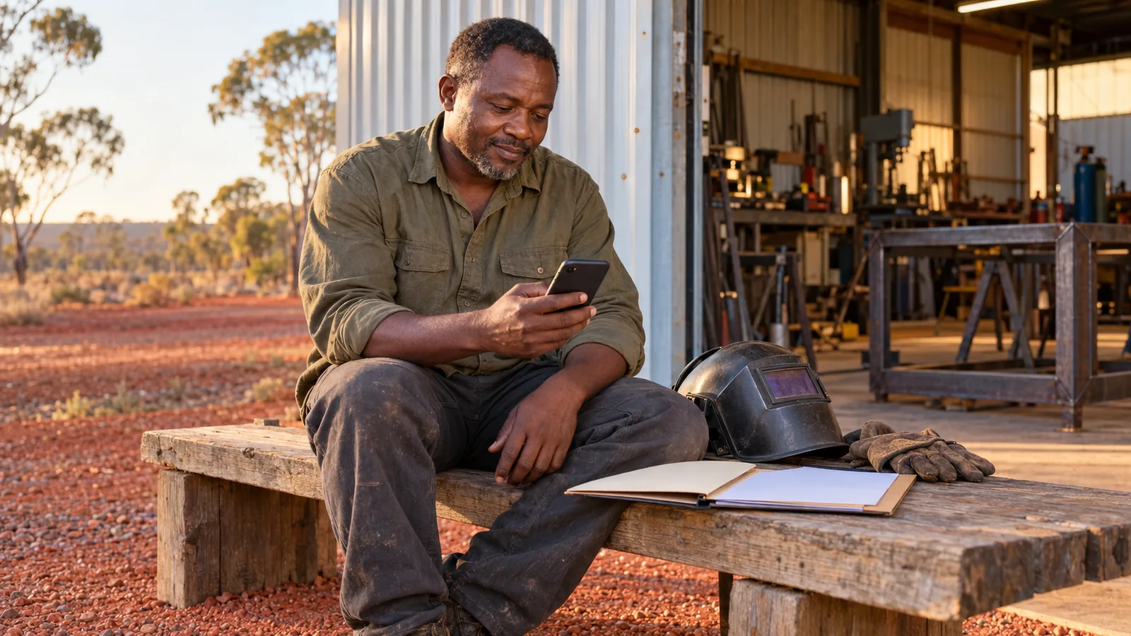 Welder checks his phone outside a regional Australian workshop, with a folder and welding gear beside him.