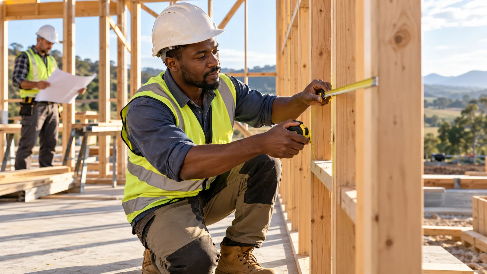 A carpenter measures a timber wall frame on an Australian building site while a supervisor reviews plans behind him.