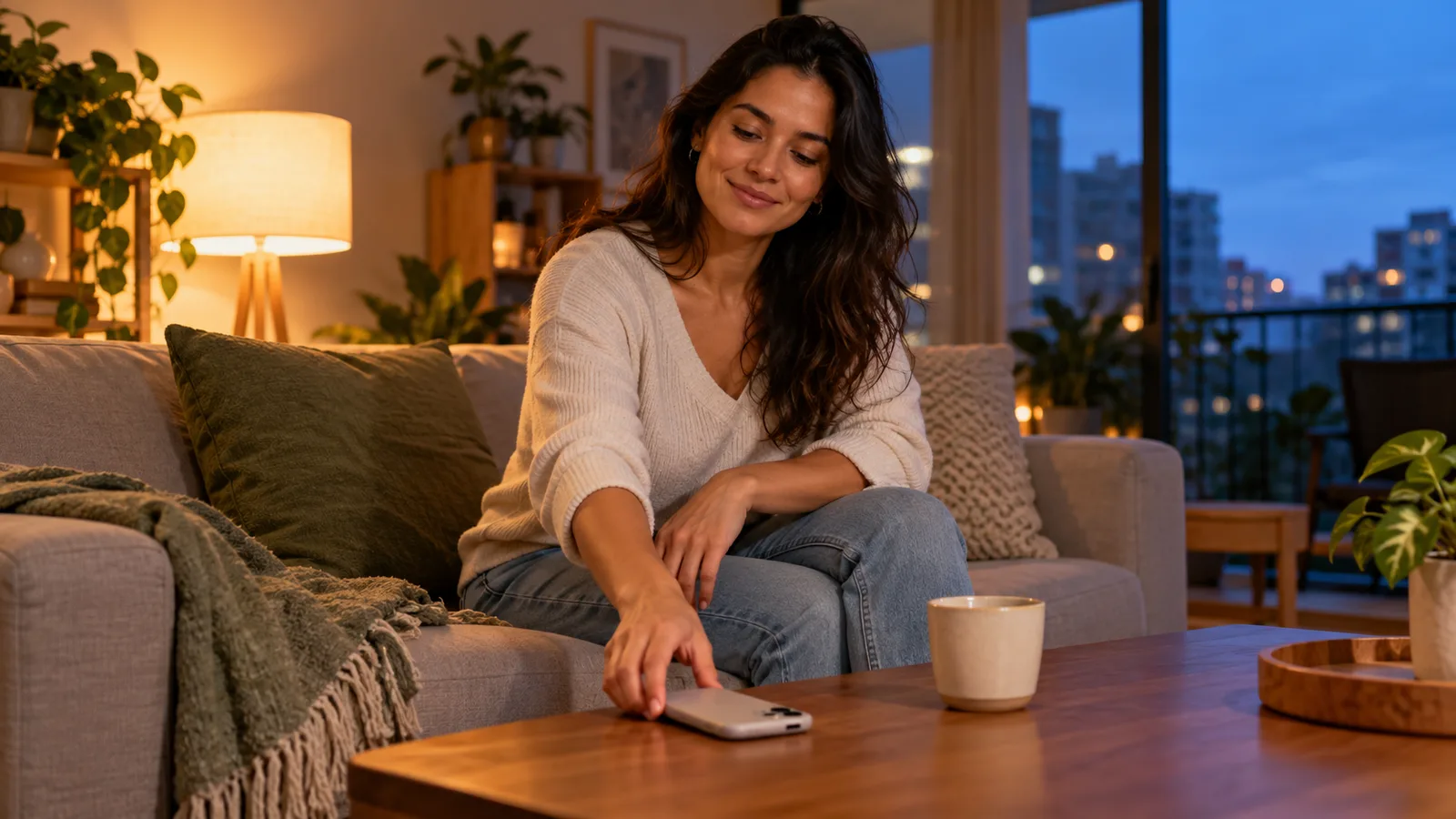 A woman relaxes on a sofa at dusk, placing her phone face down on a coffee table beside a cup of tea.