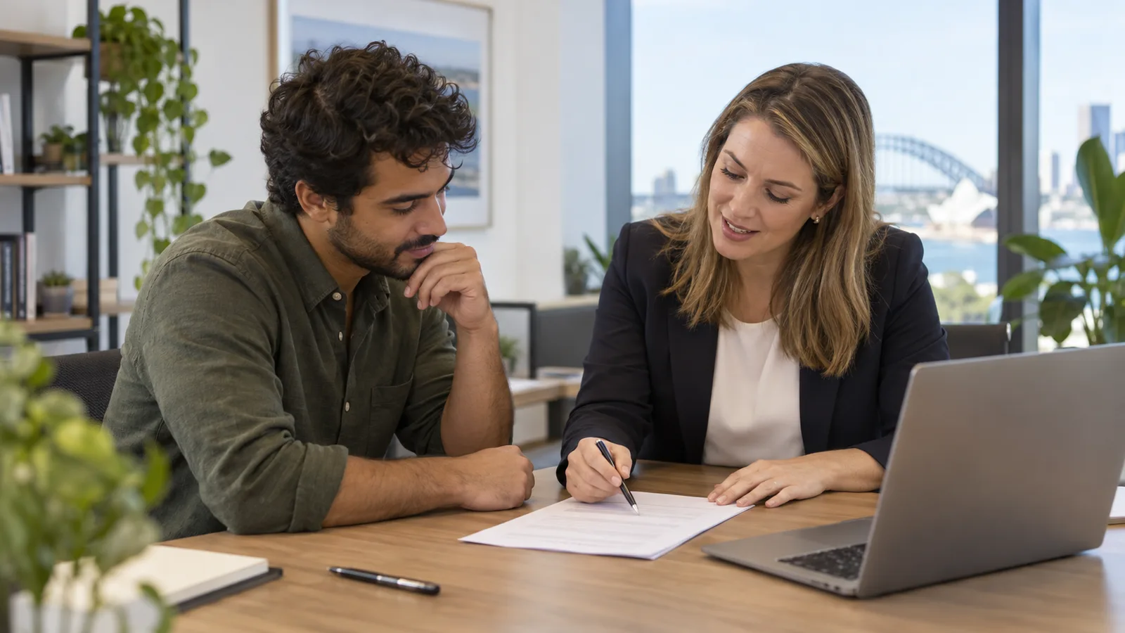 A recruiter and job candidate review an employment contract together at a desk with a laptop in a bright office.