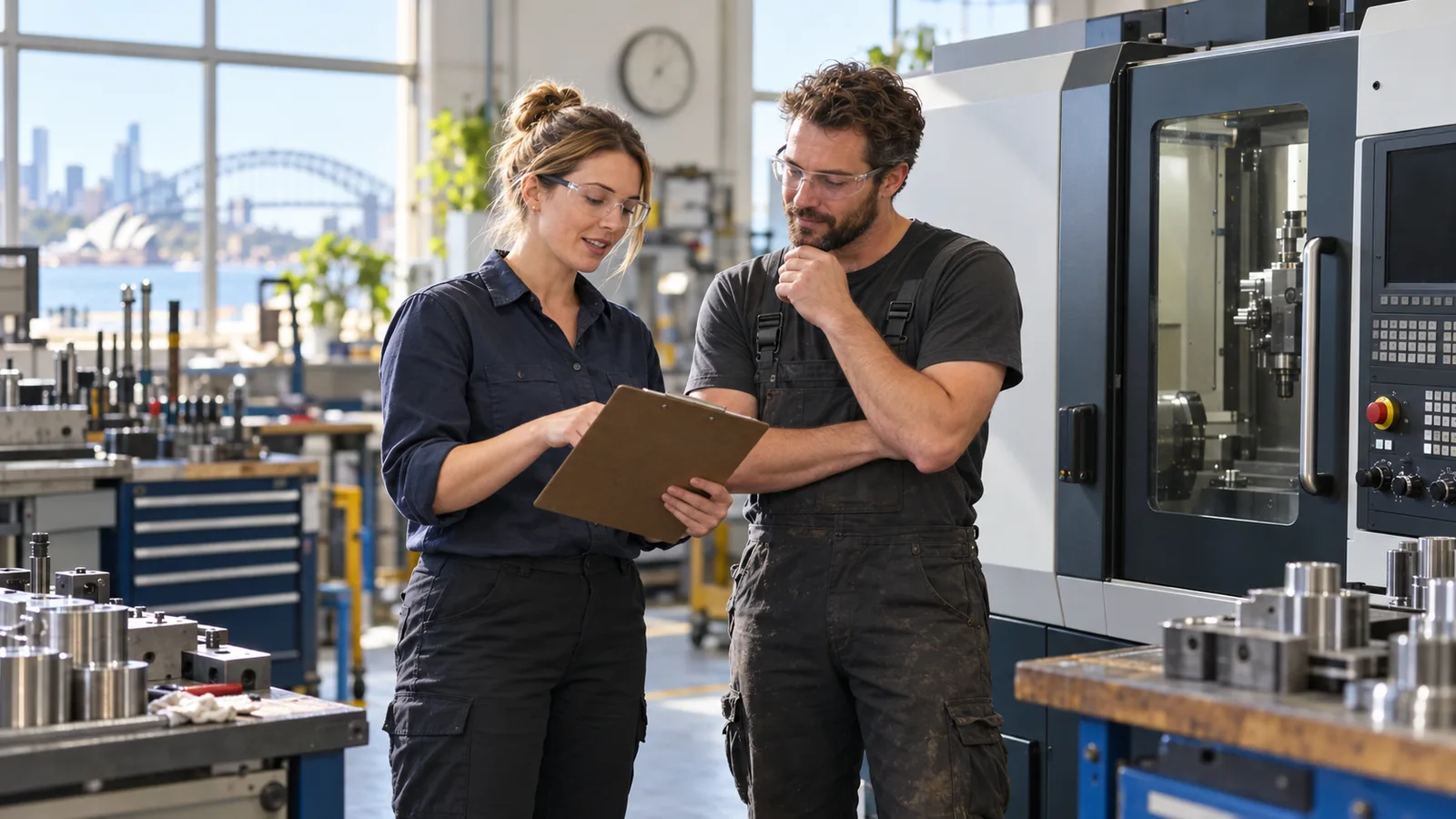 A supervisor and machinist review a clipboard beside a CNC machine in a bright Sydney workshop.