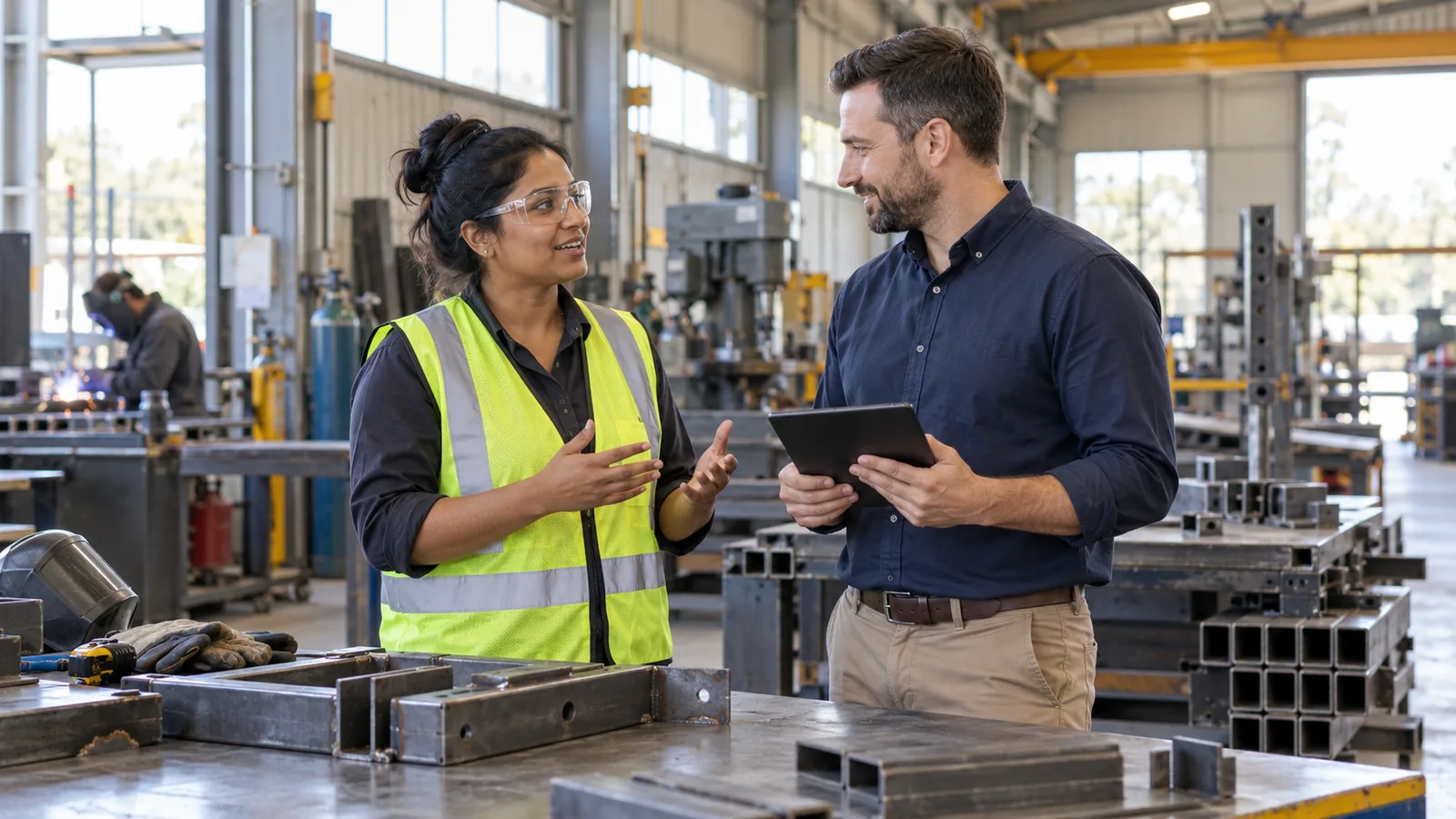 A woman in a hi-vis vest and safety glasses talks with a recruiter holding a tablet in a fabrication workshop.